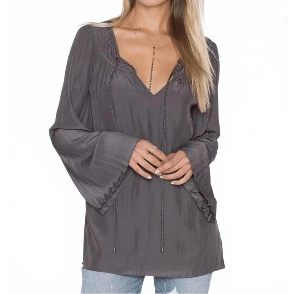 Ramy Brook Amal Black Long Sleeve Pleated Accordion Bell Sleeve TieNeck Blouse S
